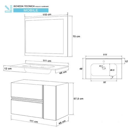 5 - Composizione bagno 110cm in nobilitato melaminico ossido grigio