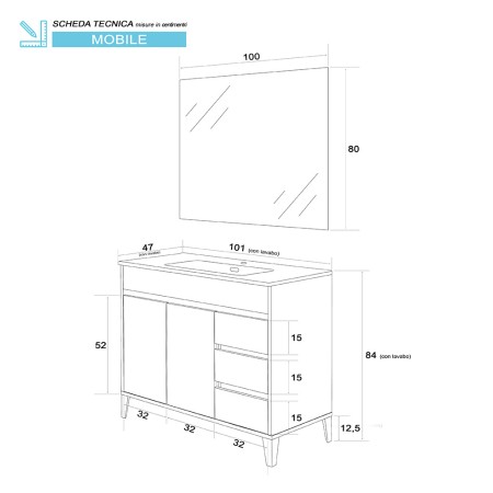 5 - Composizione bagno Mondo 2.0 da 102cm in nobilitato melaminico rovere chiaro