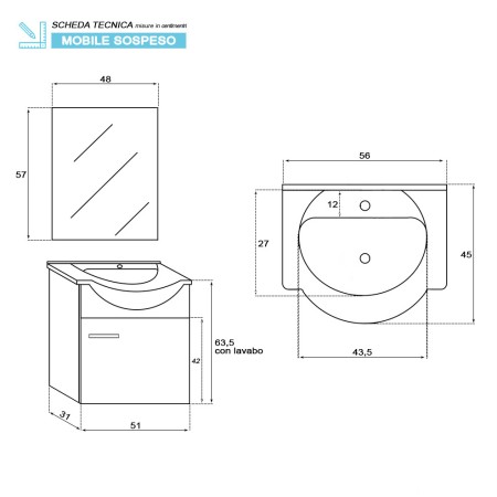 5 - Composizione bagno Stella 55cm in nobilitato melaminico grigio
