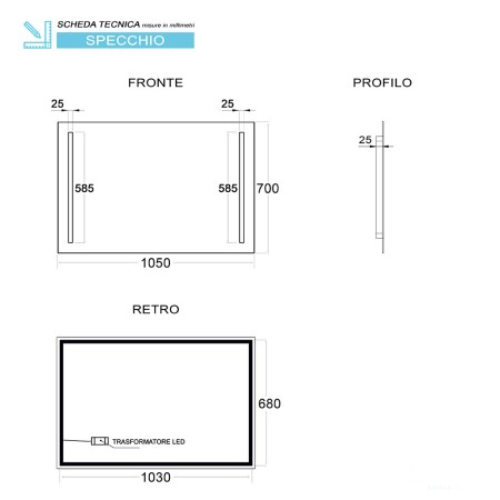 4 - SPECCHIO LED 70X105CM RETROILLUMINATO GEMINI