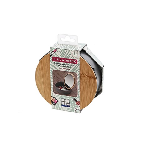 4 - Organaizer in plastica grigio con coperchio in bamboo e specchio tondo