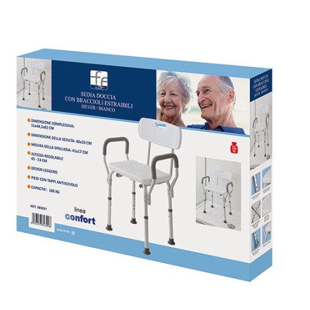 3 - Sedia doccia silver/bianco con braccioli in alluminio e LDPE